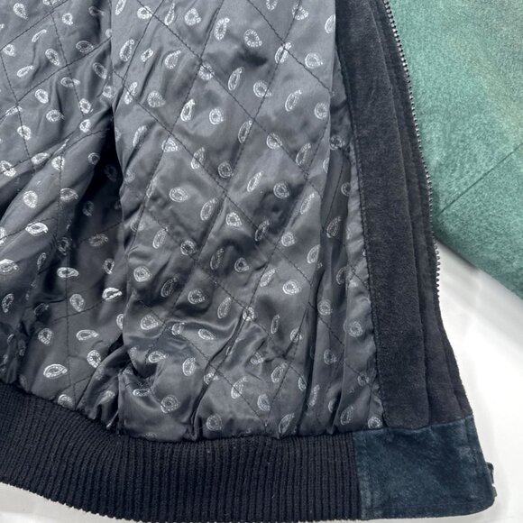 Vintage 90s Suede Leather Jacket Mens Large Bomber Pockets Zip Colorblock Retro - Picture 14 of 16